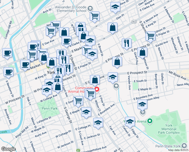 map of restaurants, bars, coffee shops, grocery stores, and more near 312 East College Avenue in York