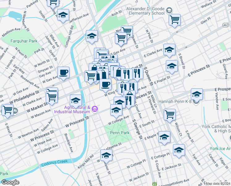 map of restaurants, bars, coffee shops, grocery stores, and more near 125 South Beaver Street in York