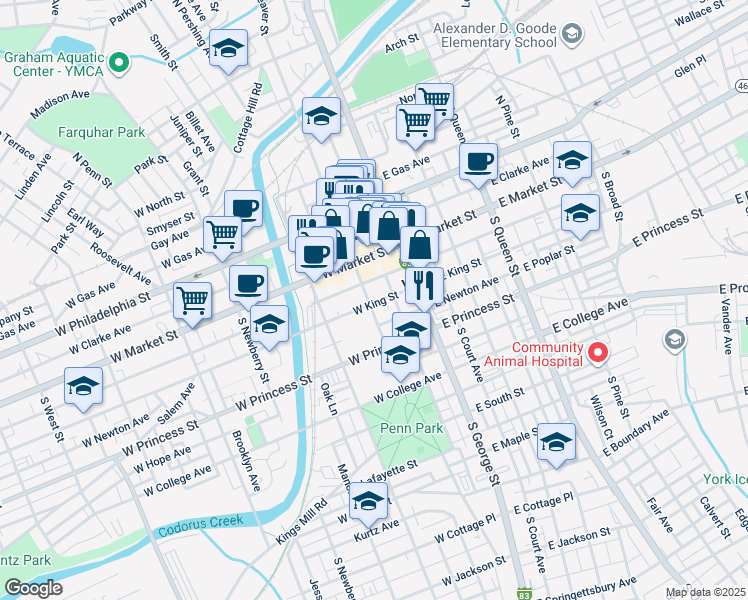 map of restaurants, bars, coffee shops, grocery stores, and more near 114 West King Street in York