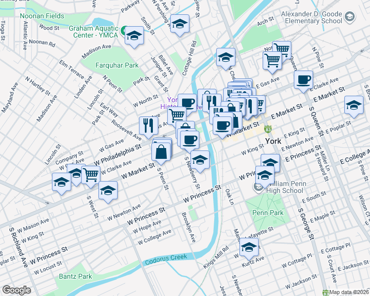 map of restaurants, bars, coffee shops, grocery stores, and more near 280 West Market Street in York