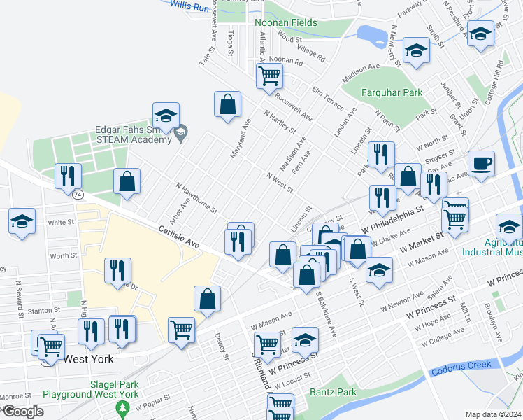 map of restaurants, bars, coffee shops, grocery stores, and more near 726 Madison Avenue in York