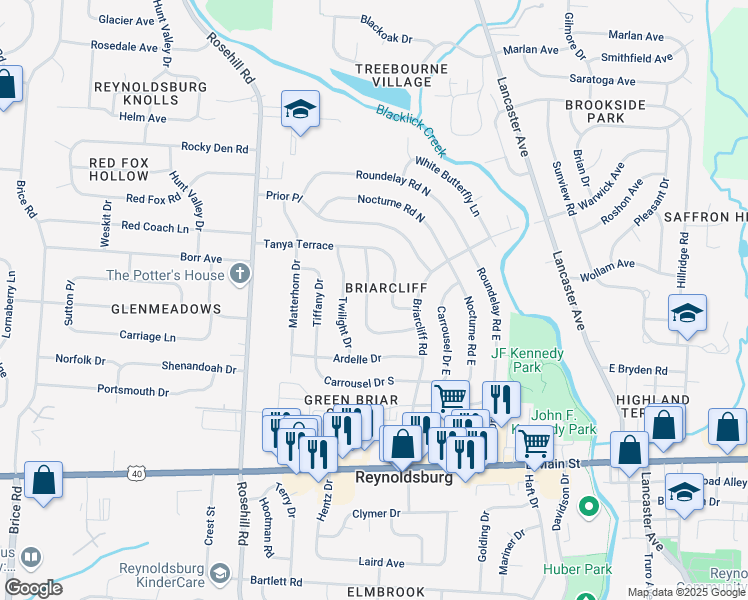 map of restaurants, bars, coffee shops, grocery stores, and more near 6914 Starfire Drive in Reynoldsburg