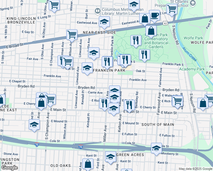 map of restaurants, bars, coffee shops, grocery stores, and more near 1459 Bryden Road in Columbus