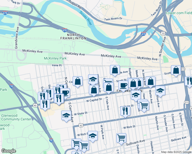 map of restaurants, bars, coffee shops, grocery stores, and more near 70 Chicago Avenue in Columbus