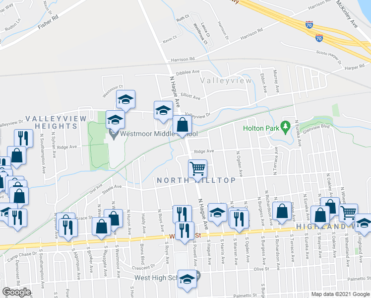 map of restaurants, bars, coffee shops, grocery stores, and more near 2795 Ridge Avenue in Columbus
