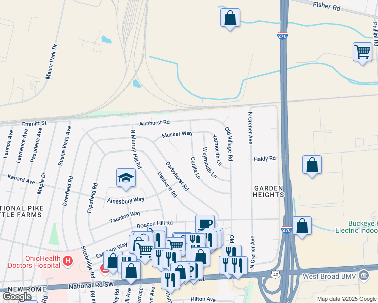 map of restaurants, bars, coffee shops, grocery stores, and more near 374 Carilla Lane in Columbus