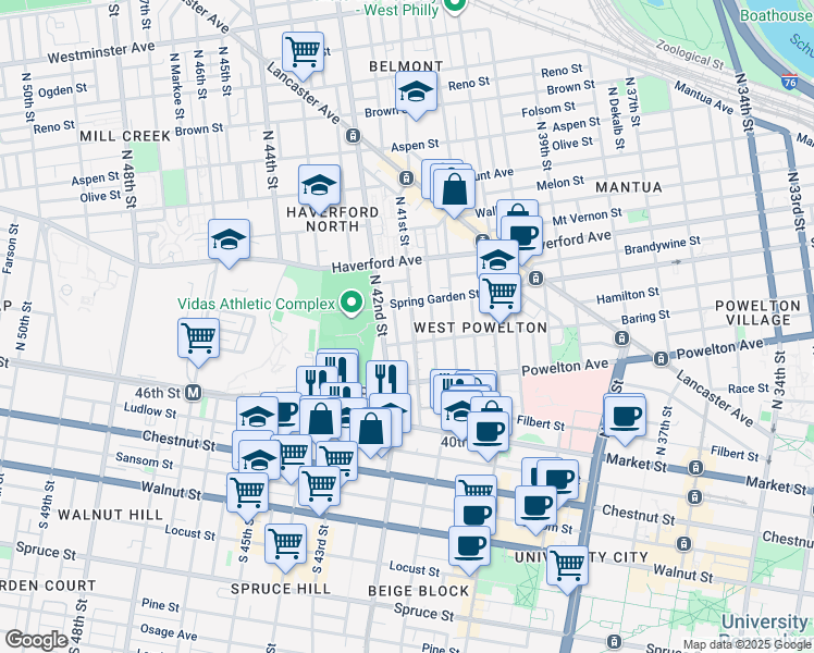 map of restaurants, bars, coffee shops, grocery stores, and more near 416 North 41st Street in Philadelphia