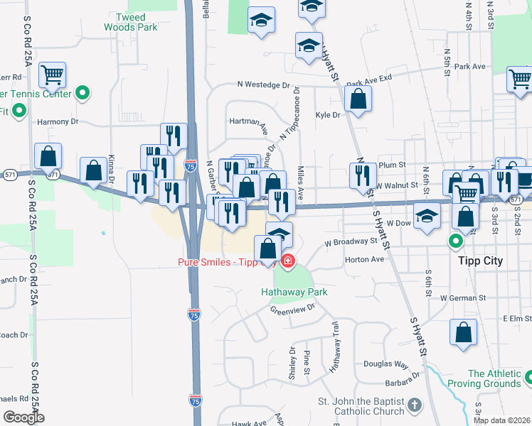 map of restaurants, bars, coffee shops, grocery stores, and more near 14 South Tippecanoe Drive in Tipp City