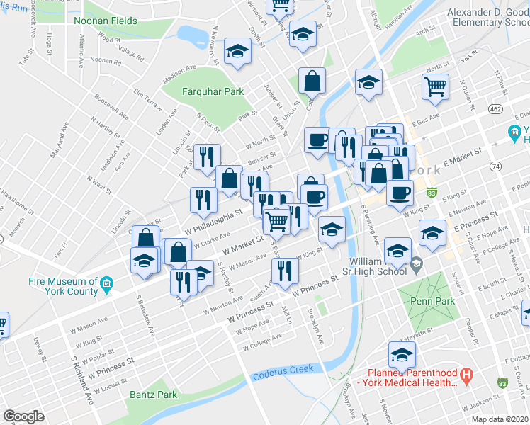 map of restaurants, bars, coffee shops, grocery stores, and more near 49 North Penn Street in York
