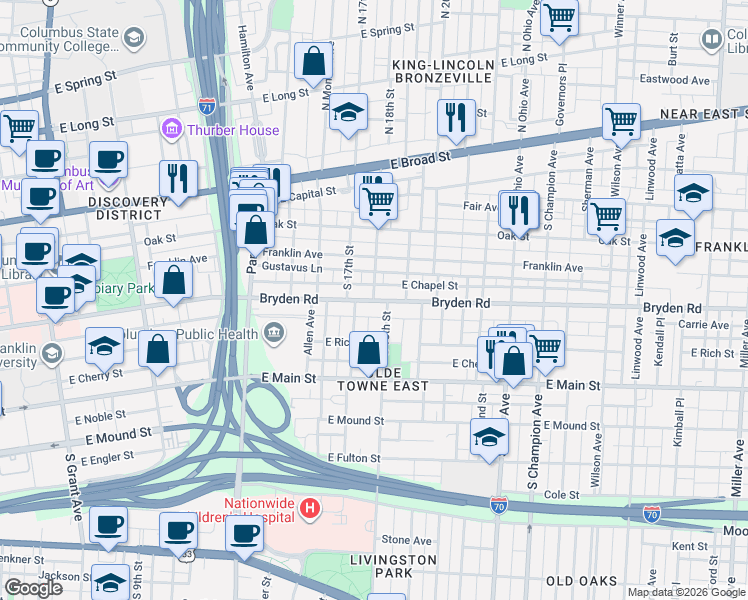 map of restaurants, bars, coffee shops, grocery stores, and more near Bryden Rd & S 18th St in Columbus