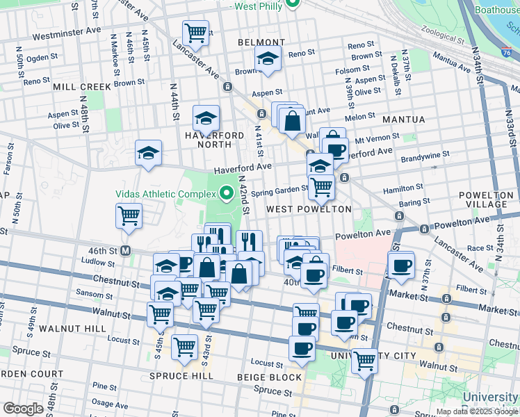 map of restaurants, bars, coffee shops, grocery stores, and more near 416 North 41st Street in Philadelphia