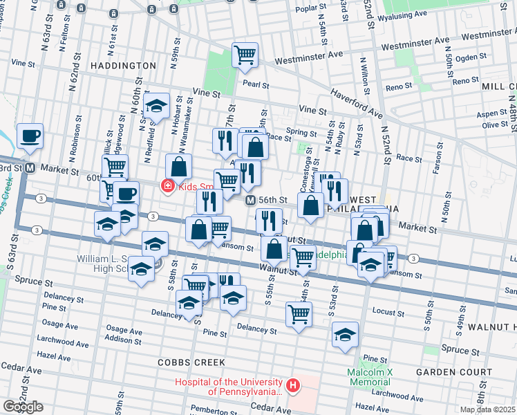 map of restaurants, bars, coffee shops, grocery stores, and more near 5554 Market Street in Philadelphia