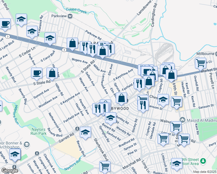 map of restaurants, bars, coffee shops, grocery stores, and more near 530 Elm Avenue in Upper Darby