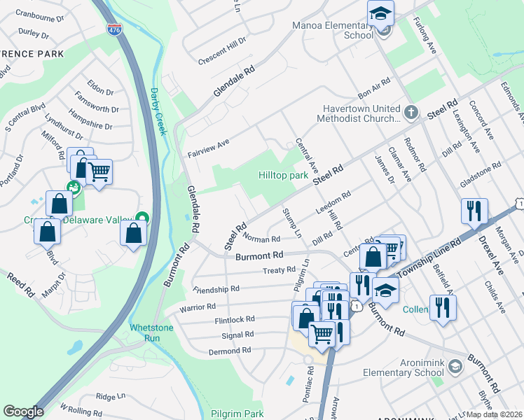 map of restaurants, bars, coffee shops, grocery stores, and more near 1424 Leedom Road in Havertown