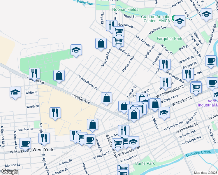 map of restaurants, bars, coffee shops, grocery stores, and more near 709 Madison Avenue in York