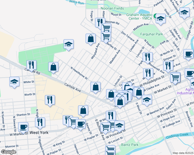 map of restaurants, bars, coffee shops, grocery stores, and more near 715 Madison Ave in York