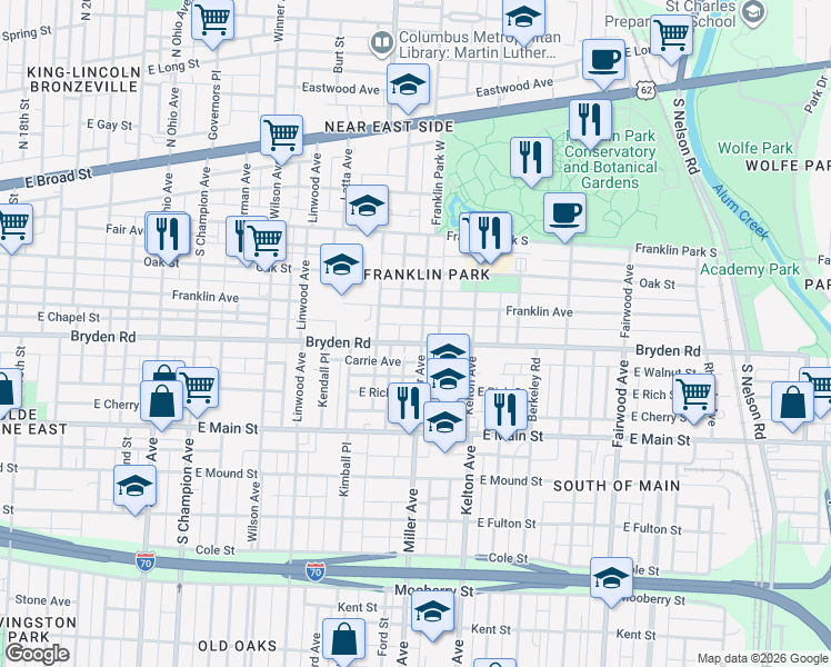 map of restaurants, bars, coffee shops, grocery stores, and more near 1459 Bryden Road in Columbus