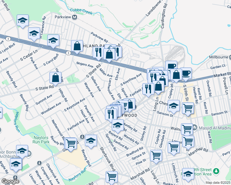 map of restaurants, bars, coffee shops, grocery stores, and more near 530 Elm Avenue in Upper Darby