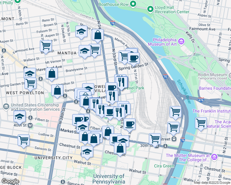 map of restaurants, bars, coffee shops, grocery stores, and more near 3311 Powelton Avenue in Philadelphia