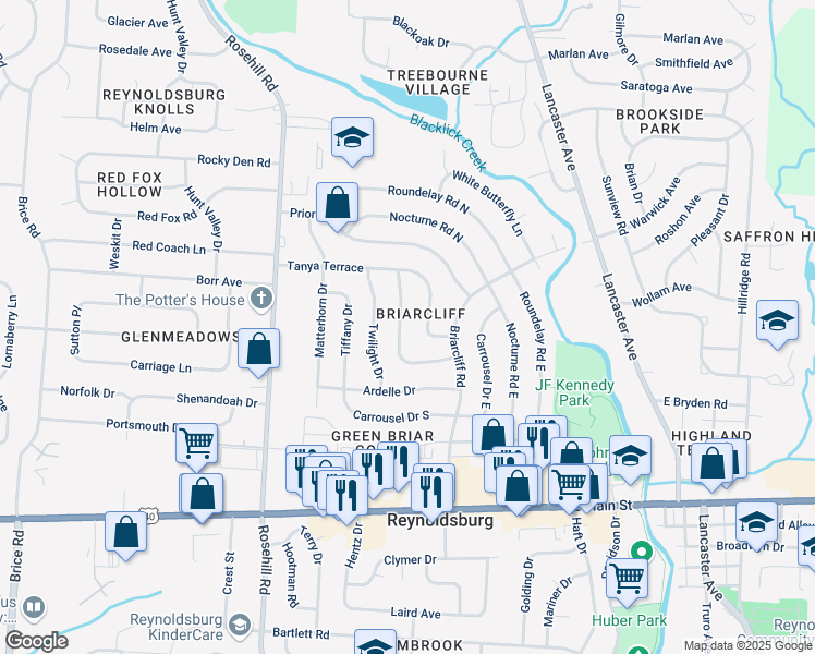 map of restaurants, bars, coffee shops, grocery stores, and more near 6914 Starfire Drive in Reynoldsburg