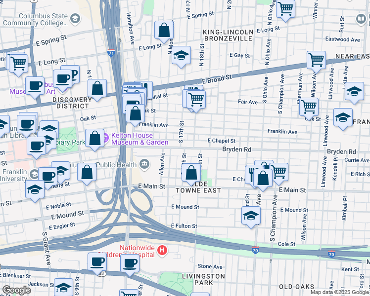 map of restaurants, bars, coffee shops, grocery stores, and more near Bryden Road & South 17th Street in Columbus