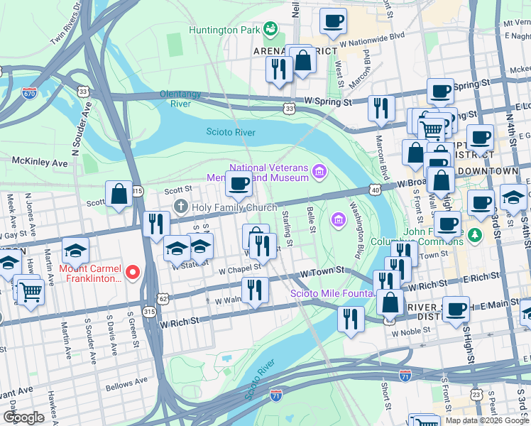 map of restaurants, bars, coffee shops, grocery stores, and more near 397 West Broad Street in Columbus