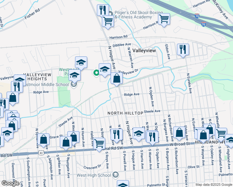 map of restaurants, bars, coffee shops, grocery stores, and more near 2795 Ridge Avenue in Columbus