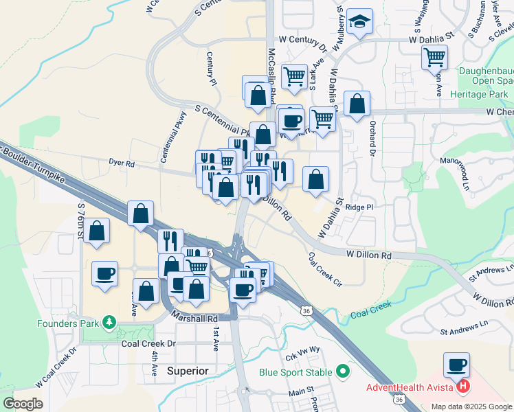 map of restaurants, bars, coffee shops, grocery stores, and more near 1124 Dillon Road in Louisville