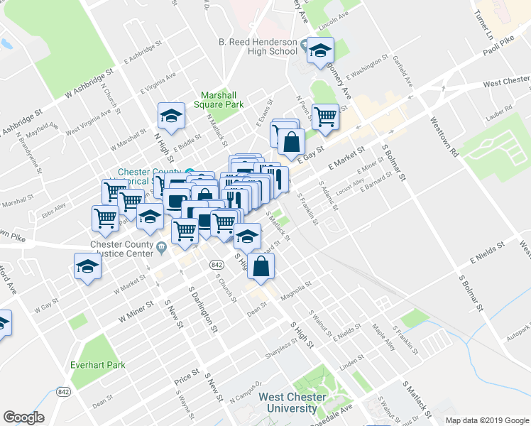 map of restaurants, bars, coffee shops, grocery stores, and more near 132 East Miner Street in West Chester