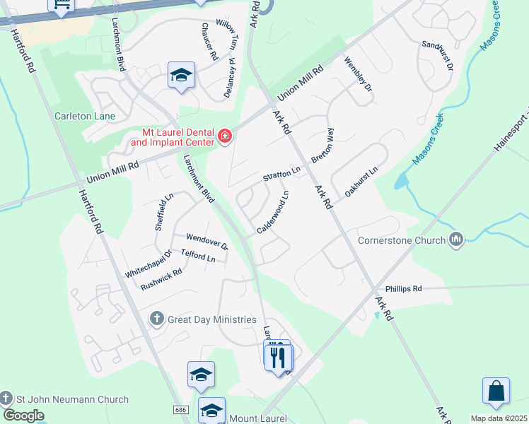 map of restaurants, bars, coffee shops, grocery stores, and more near 115 Banwell Lane in Mount Laurel
