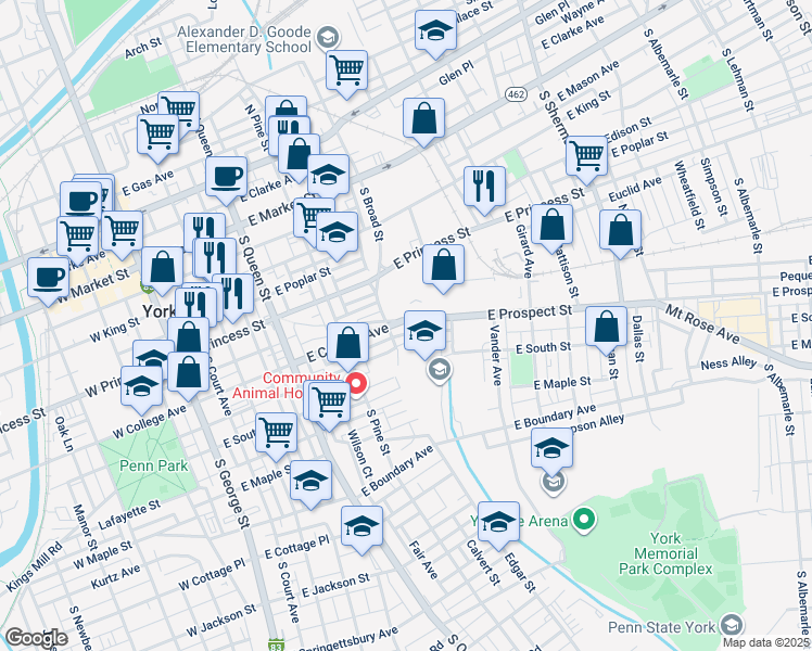 map of restaurants, bars, coffee shops, grocery stores, and more near 422 East Prospect Street in York