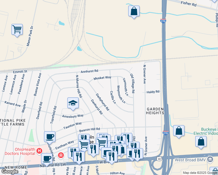 map of restaurants, bars, coffee shops, grocery stores, and more near 374 Carilla Lane in Columbus