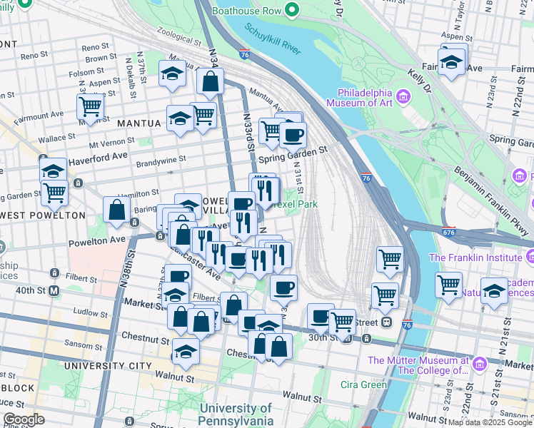 map of restaurants, bars, coffee shops, grocery stores, and more near 3233 Powelton Avenue in Philadelphia