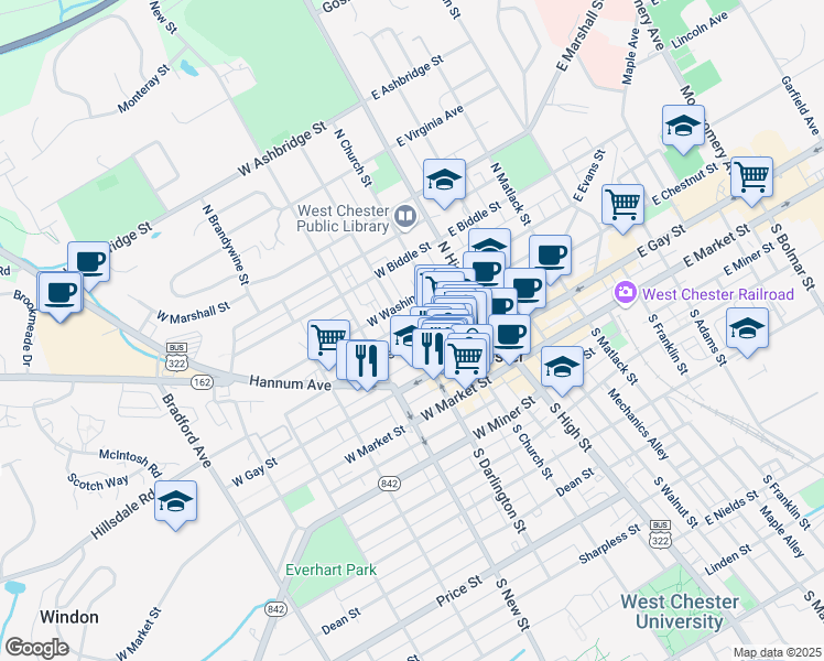 map of restaurants, bars, coffee shops, grocery stores, and more near 163 West Chestnut Street in West Chester