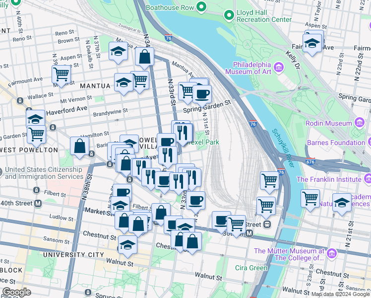map of restaurants, bars, coffee shops, grocery stores, and more near 3229 Powelton Avenue in Philadelphia