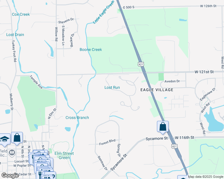 map of restaurants, bars, coffee shops, grocery stores, and more near 21 Lost Run Lane in Zionsville