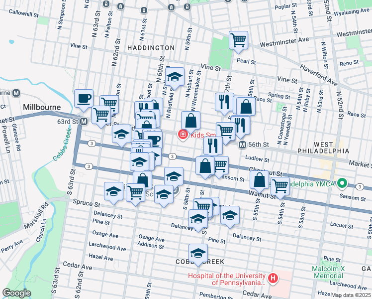 map of restaurants, bars, coffee shops, grocery stores, and more near 5824 Ludlow Street in Philadelphia