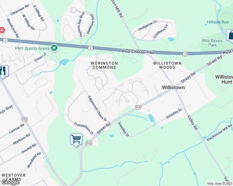 map of restaurants, bars, coffee shops, grocery stores, and more near 2502 Westfield Court in Newtown Square