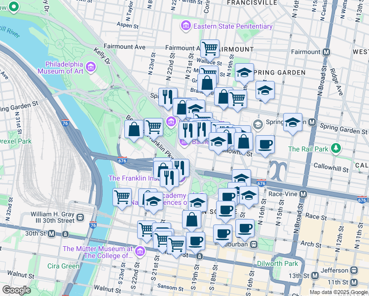 map of restaurants, bars, coffee shops, grocery stores, and more near 2025 Benjamin Franklin Parkway in Philadelphia