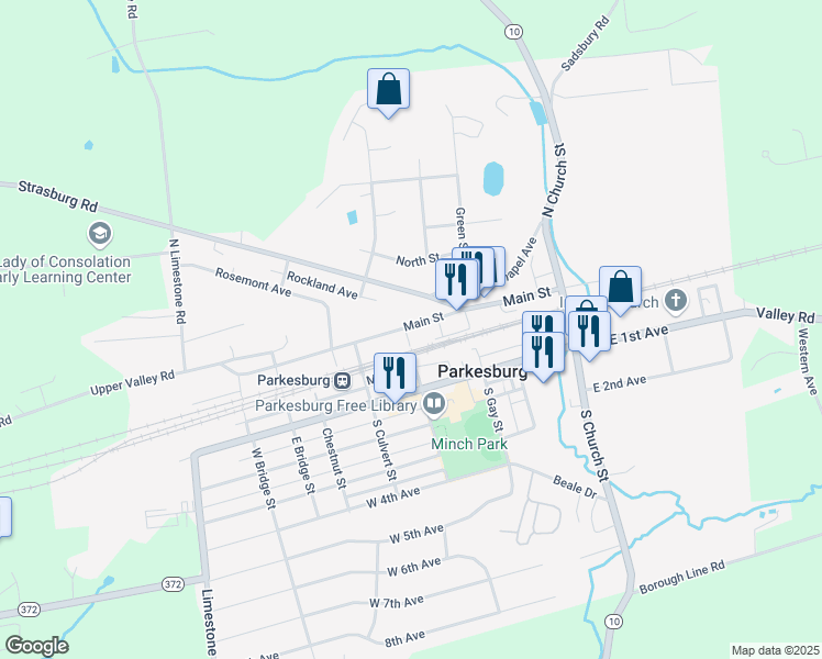 map of restaurants, bars, coffee shops, grocery stores, and more near 356 Main Street in Parkesburg