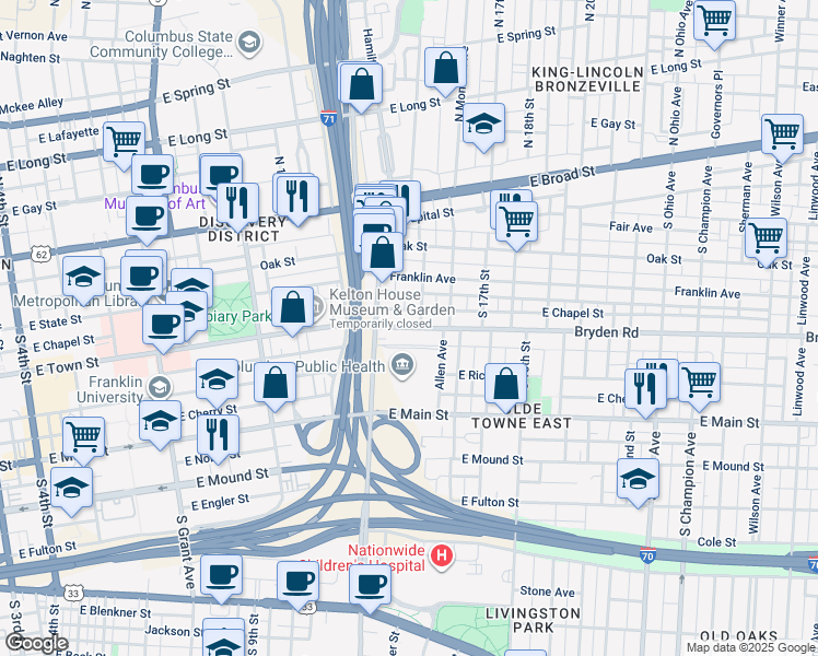 map of restaurants, bars, coffee shops, grocery stores, and more near 723 Bryden Rd in Columbus