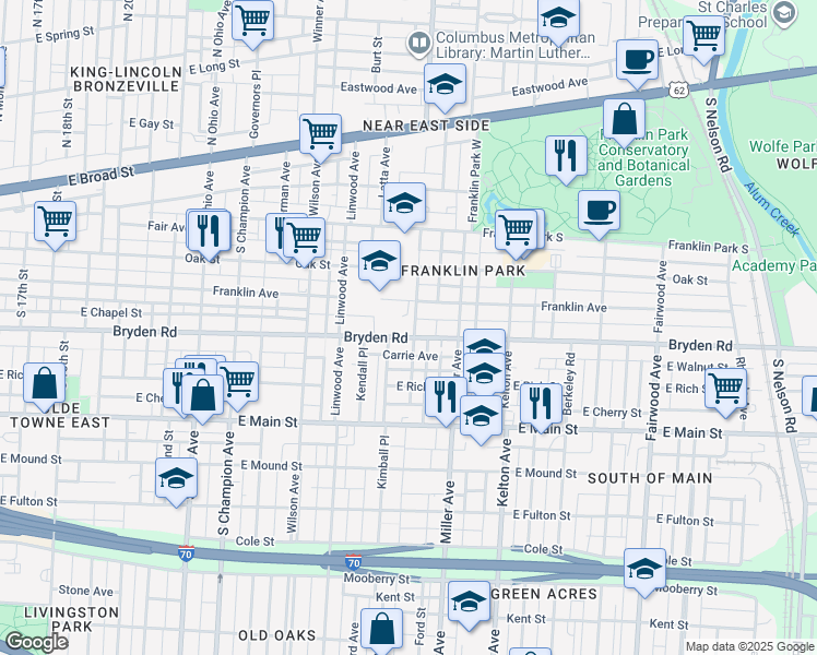 map of restaurants, bars, coffee shops, grocery stores, and more near 1392 Bryden Road in Columbus