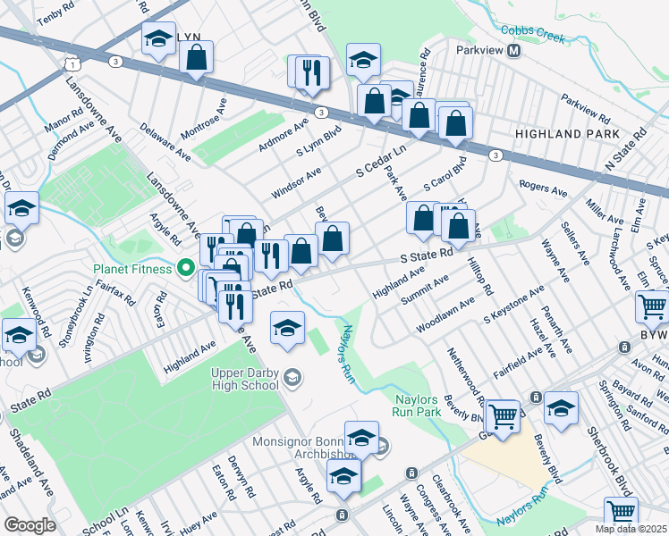 map of restaurants, bars, coffee shops, grocery stores, and more near 1730 South State Road in Delaware County