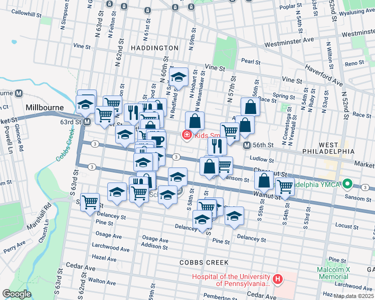 map of restaurants, bars, coffee shops, grocery stores, and more near 5830 Ludlow Street in Philadelphia