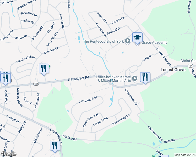 map of restaurants, bars, coffee shops, grocery stores, and more near 3060 East Prospect Road in York