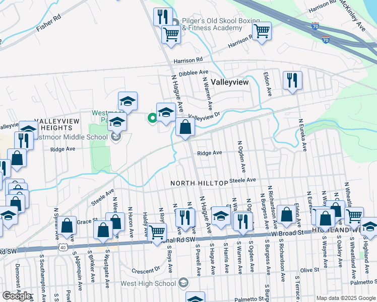 map of restaurants, bars, coffee shops, grocery stores, and more near 2795 Ridge Avenue in Columbus