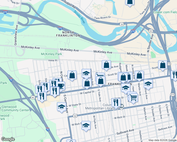 map of restaurants, bars, coffee shops, grocery stores, and more near 70 Chicago Avenue in Columbus