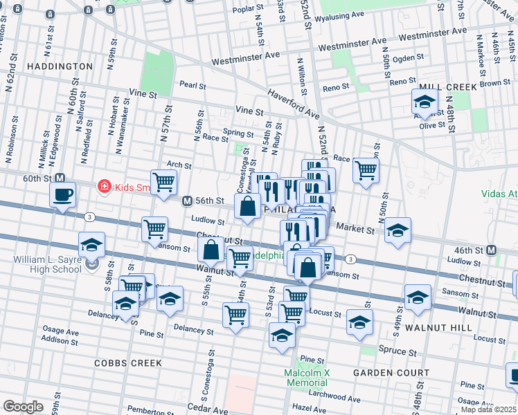 map of restaurants, bars, coffee shops, grocery stores, and more near 5341 Market Street in Philadelphia