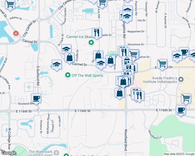 map of restaurants, bars, coffee shops, grocery stores, and more near 201 West Carmel Drive in Carmel