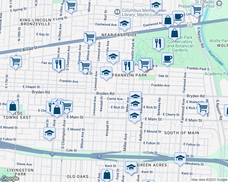 map of restaurants, bars, coffee shops, grocery stores, and more near 1392 Bryden Road in Columbus